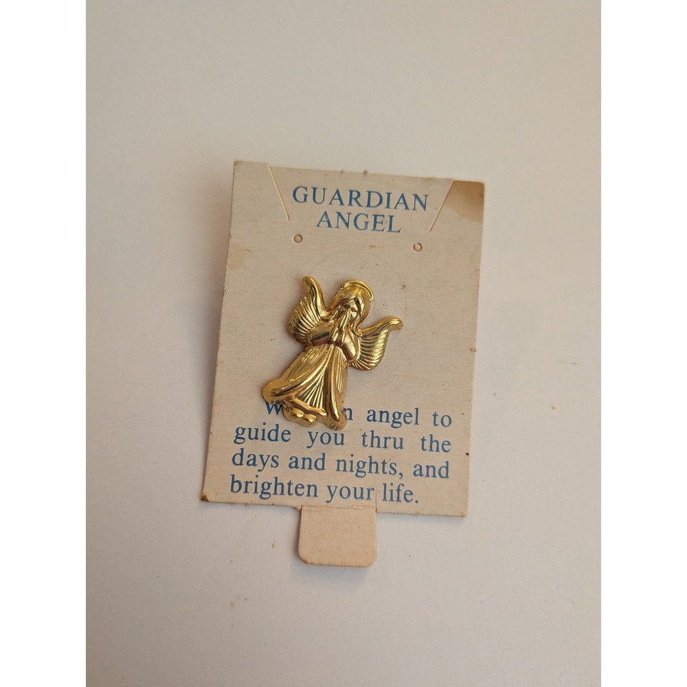 Vintage Gold Tone Guardian Angel Lapel Pin Religious Spiritual Gift Card